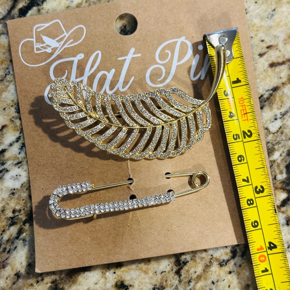 Gold and Bling Leaf Brooch and Hat Pin Set - Picture 5 of 5